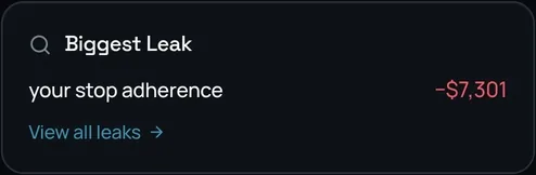 Fillbook's Biggest Leak card on sample data, naming stop adherence as the biggest leak at minus $7,301, with a link to view all leaks.